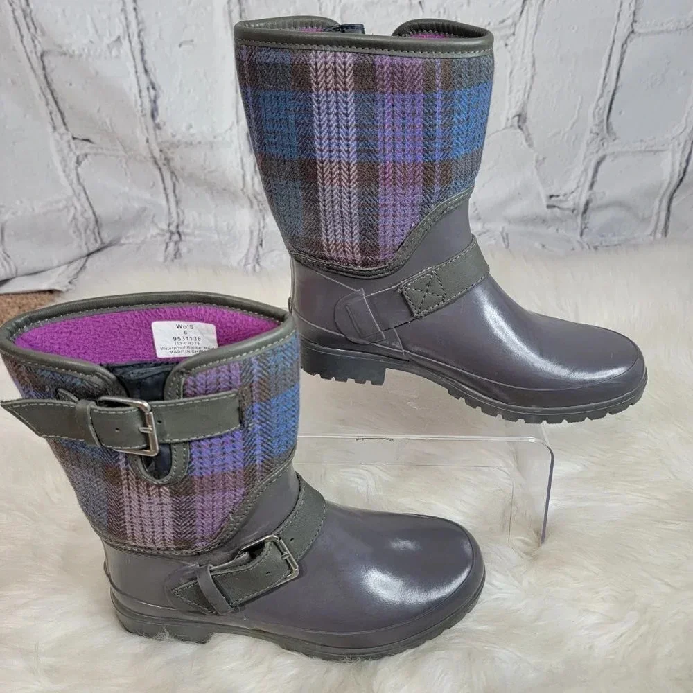 Sperry Rain Boots ‎ Womens 6 Plaid Fabric Rubber Waterproof Outdoor Preppy Cute